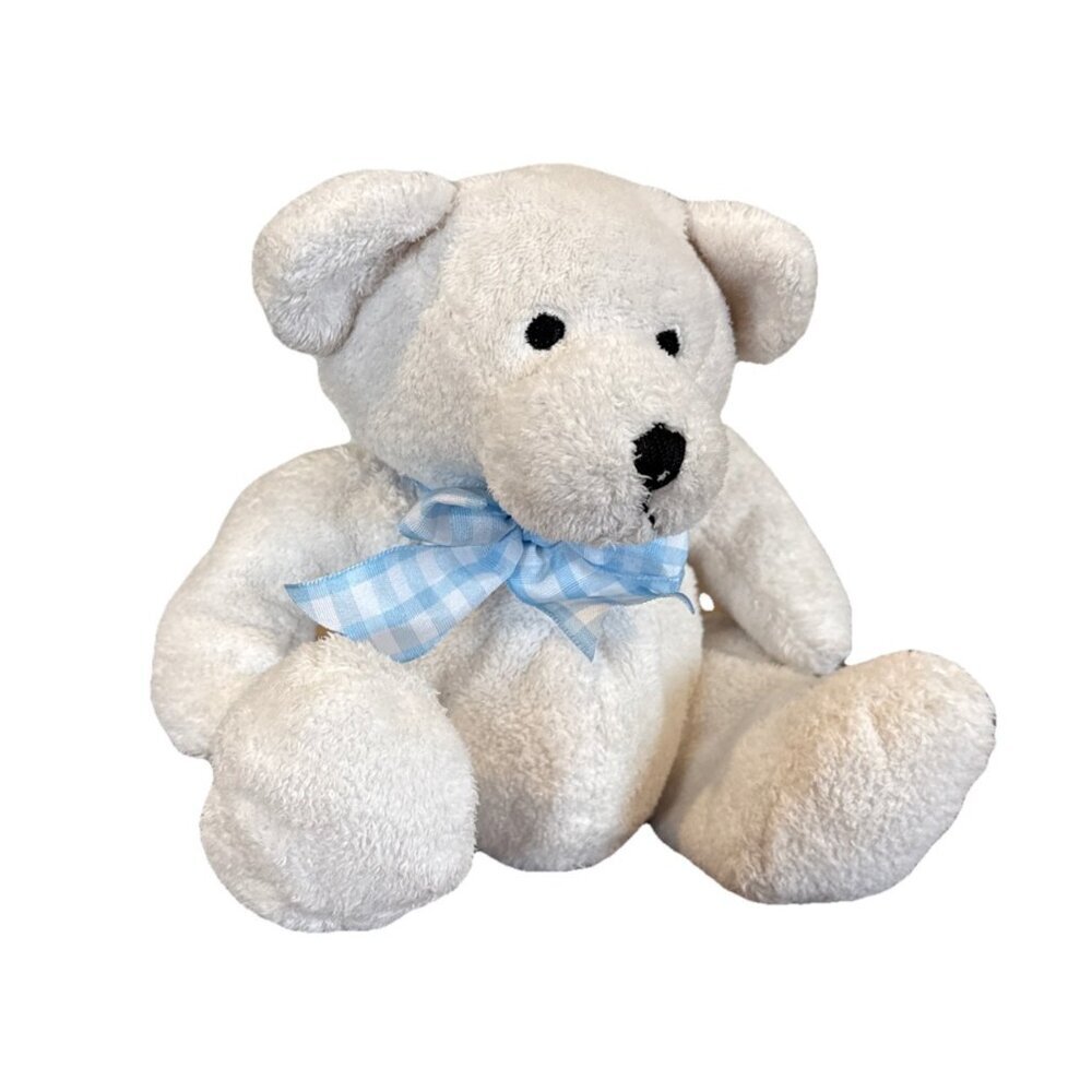 Luv N Care White Bear 2004 Blue Plaid Bow Stuffed Animal 6” Lovey Plush Teddy